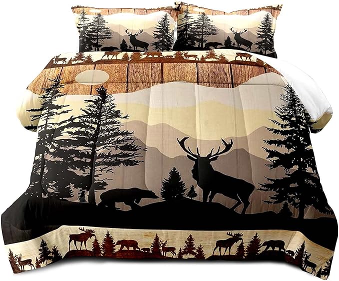 LUVIVIHOME 3PCS Black Bear Deer Comforter Set, Brown Full Size Comforter, Pine Tree Woodland Forest Animal Elk Moose Wildlife Hunting Cabin Lodge Country Rustic Farmhouse Bedding Quilt, 2 Pillow Shams - LeafyLoom