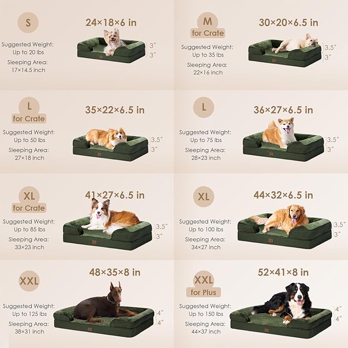 EHEYCIGA Orthopedic XL Dog Beds, Waterproof Memory Foam Dog Bed for Extra Large Dogs, Non-Slip Bottom and Egg-Crate Foam Big Dog Couch Bed with Washable Removable Cover, Dark Green EHEYCIGA