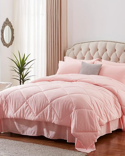 NexHome Pink King Bed in a Bag 7-Pieces Comforter Sets with Comforter and Sheets Soft All Season Bedding Sets with Comforter, Pillow Shams, Flat Sheet, Fitted Sheet and Pillowcases - LeafyLoom