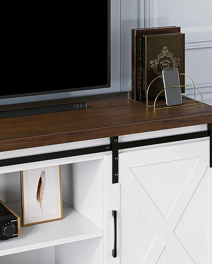 TV Stand for 65 Inch TV, Farmhouse Entertainment Center TV Media Console Table, Tall TV Stand with Storage, Barn Doors and Shelves, White Modern TV Console Cabinet Furniture for Living Room - LeafyLoom