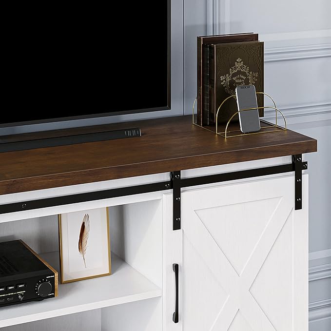 TV Stand for 65 Inch TV, Farmhouse Entertainment Center TV Media Console Table, Tall TV Stand with Storage, Barn Doors and Shelves, White Modern TV Console Cabinet Furniture for Living Room - LeafyLoom