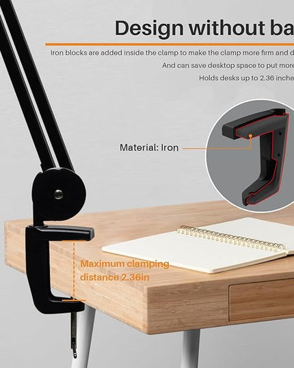 LED Architect Desk Lamp with Clamp, Metal Swing Arm 2000 Lumens Dimming Office Table Lamp for Task Work Drafting Reading Desktop, 117PCS Bright LEDs, 24W Workbench Lamp(Black) - LeafyLoom