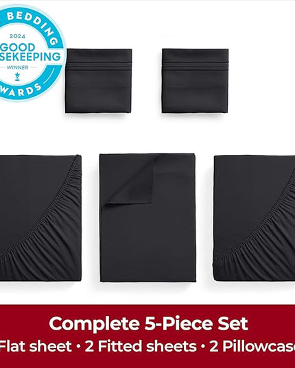 Mellanni Extra Deep Split King Sheets - 5 PC Iconic Collection Bedding Sheets & Pillowcases - Hotel Luxury, Ultra Soft, Cooling Bed Sheets - Extra Deep Pocket up to 21 inch (Split King, Black) - LeafyLoom