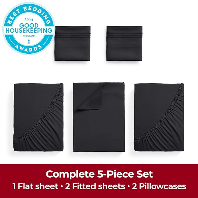 Mellanni Extra Deep Split King Sheets - 5 PC Iconic Collection Bedding Sheets & Pillowcases - Hotel Luxury, Ultra Soft, Cooling Bed Sheets - Extra Deep Pocket up to 21 inch (Split King, Black) - LeafyLoom