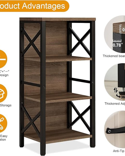 Bookcase, Industrial Small Bookshelf,4-Tier Narrow Bookcase Storage Organizer, Small Book Shelf for Small Spaces, Living Room, Bedroom and Home Office, Brown - LeafyLoom