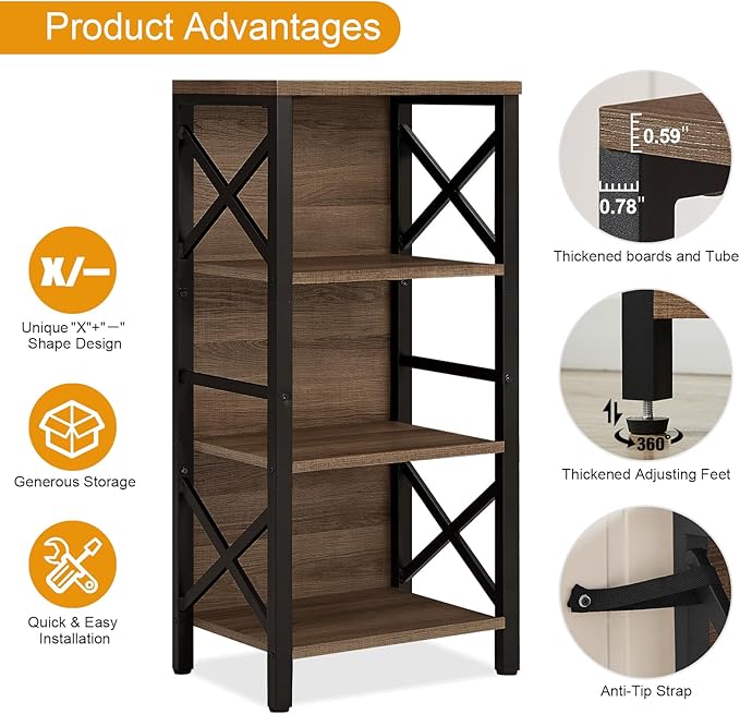 Bookcase, Industrial Small Bookshelf,4-Tier Narrow Bookcase Storage Organizer, Small Book Shelf for Small Spaces, Living Room, Bedroom and Home Office, Brown - LeafyLoom