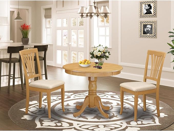 East West Furniture ANAV3-OAK-C 3 Piece Room Set Contains a Round Wooden Table with Pedestal and 2 Linen Fabric Kitchen Dining Chairs, 36x36 Inch - LeafyLoom