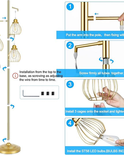 Lakumu Industrial Floor Lamp for Living Room, Golden Farmhouse Floor Lamp with 3 Elegant Teardrop Cage Heads & ST58 Edison LED Bulbs, Sturdy Base Tall Vintage Pole Light, Rustic Floor Lamp for Bedroom - LeafyLoom