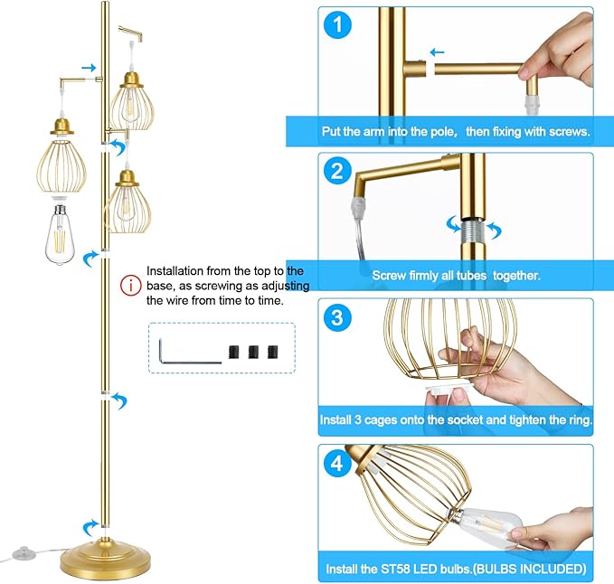 Lakumu Industrial Floor Lamp for Living Room, Golden Farmhouse Floor Lamp with 3 Elegant Teardrop Cage Heads & ST58 Edison LED Bulbs, Sturdy Base Tall Vintage Pole Light, Rustic Floor Lamp for Bedroom - LeafyLoom
