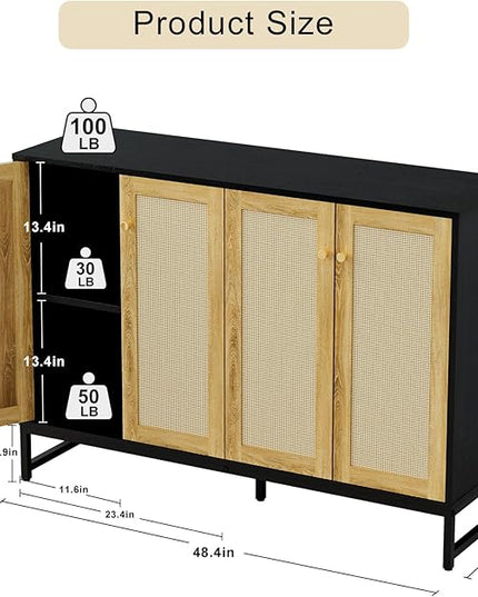Storage Cabinet, Large Capacity Four-Door Rattan Sideboard with Adjustable Partitions, Metal Cabinet Legs, Modern Elegant Design Accent Cabinet Suitable for Home Office Bar Cafe (Black) - LeafyLoom