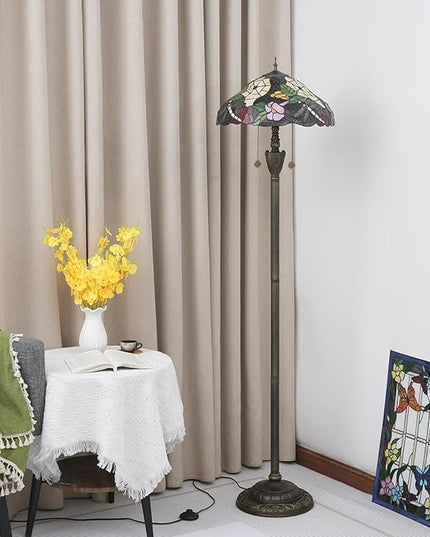 Tiffany Floor Lamp Dragonfly Style Spider Web Stained Glass for Living Room Bedroom Office Bright Lighting Rustic Corner Deco Standing Tall Vintage Unique Pull Chan Reading Aesthetic Lamps - LeafyLoom