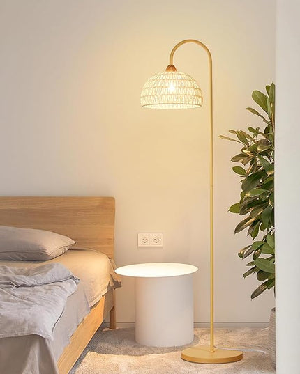 Boho Rattan floor lamp with Natural Rattan Shade, Rustic Arc Standing Lamp for Coastal, Beach or Bohemian Style Decor, E26 bulb, On/Off Footswitch Lamp for living room, Bedroom - LeafyLoom
