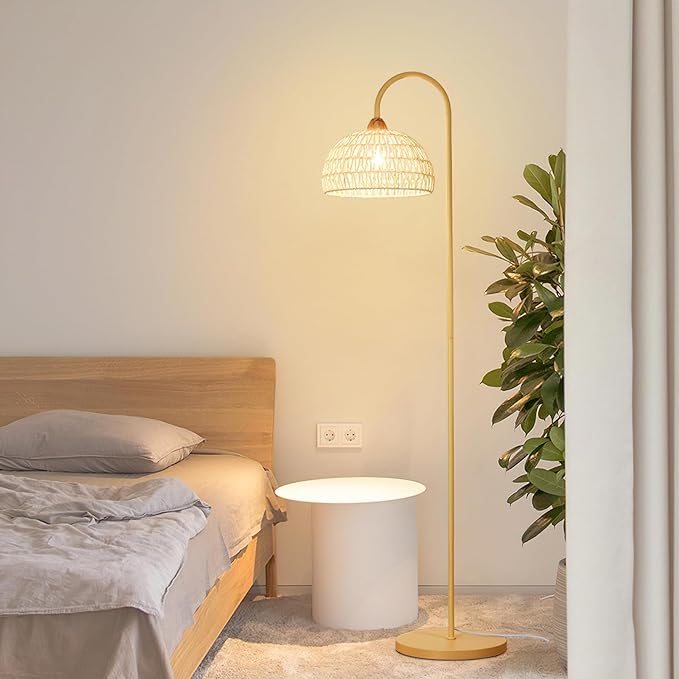 Boho Rattan floor lamp with Natural Rattan Shade, Rustic Arc Standing Lamp for Coastal, Beach or Bohemian Style Decor, E26 bulb, On/Off Footswitch Lamp for living room, Bedroom - LeafyLoom