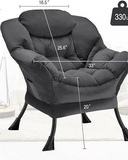 Fabric Lazy Chair Large Accent Chair,Velvet Frabic Modern Lounge Reading Chair with Armrests & Side Pocket,Upholstered Armchair for Living Room,Bedroom,Dorm,Dark Grey - LeafyLoom