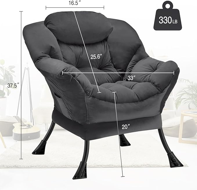 Fabric Lazy Chair Large Accent Chair,Velvet Frabic Modern Lounge Reading Chair with Armrests & Side Pocket,Upholstered Armchair for Living Room,Bedroom,Dorm,Dark Grey - LeafyLoom