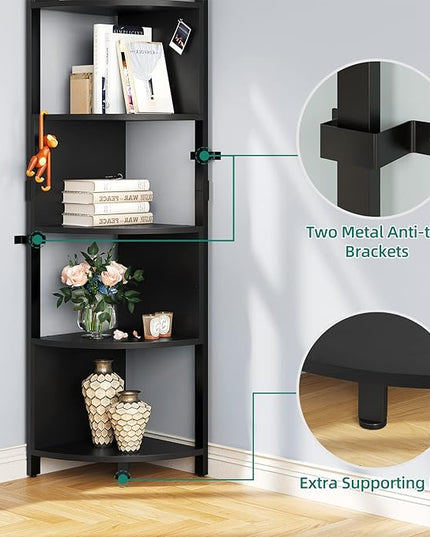 YITAHOME 6-Tier Corner Shelf, 68.8" Tall Modern Free Standing Zigzag Corner Bookshelf, 6 Shelf Display Corner Bookcase Open Small Book Shelves for Living Room, Home Office, Small Space, Black - LeafyLoom