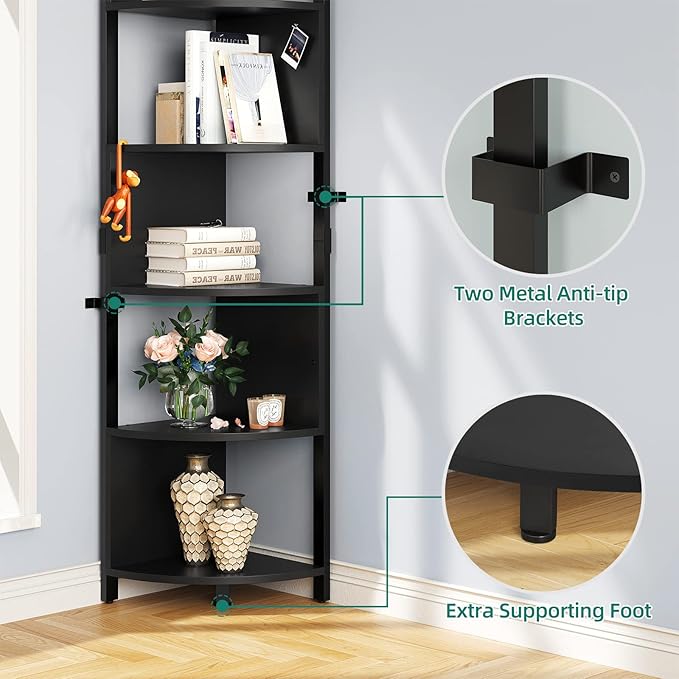 YITAHOME 6-Tier Corner Shelf, 68.8" Tall Modern Free Standing Zigzag Corner Bookshelf, 6 Shelf Display Corner Bookcase Open Small Book Shelves for Living Room, Home Office, Small Space, Black - LeafyLoom
