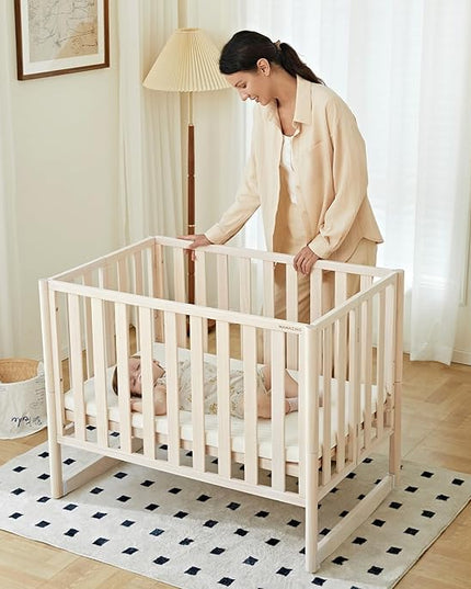 EvoNook 7-in-1 Convertible Mini Crib - Washed White, Portable Folding Baby Mini Crib with 1.5 Inch Mattress, 100% New Zealand Pinewood, 4 Adjustable Mattress Heights - LeafyLoom