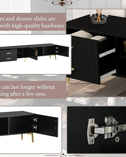 71 Inch TV Stand, Modern Television Stands with Drawers, Cabinets and Open Shelf, Entertainment Center with 5 Champagne Legs for Living Room and Bedroom, Black - LeafyLoom