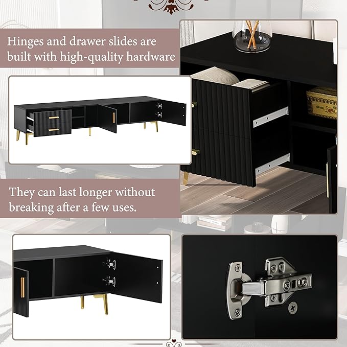 71 Inch TV Stand, Modern Television Stands with Drawers, Cabinets and Open Shelf, Entertainment Center with 5 Champagne Legs for Living Room and Bedroom, Black - LeafyLoom