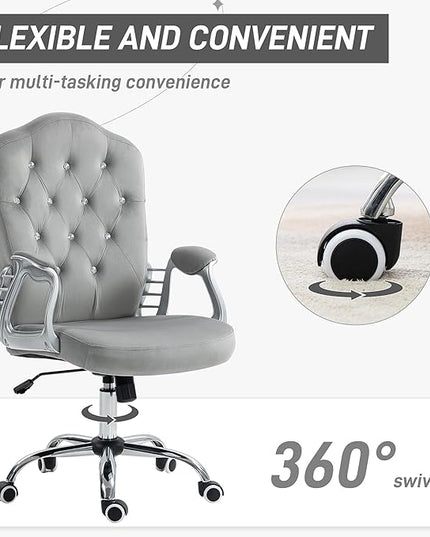 Vinsetto Home Office Chair, Velvet Computer Chair, Button Tufted Desk Chair with Swivel Wheels, Adjustable Height, and Tilt Function, Light Gray - LeafyLoom