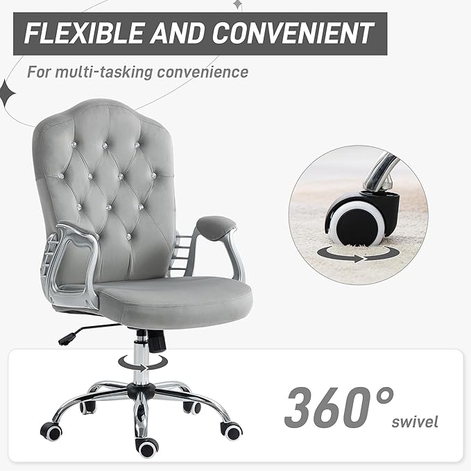 Vinsetto Home Office Chair, Velvet Computer Chair, Button Tufted Desk Chair with Swivel Wheels, Adjustable Height, and Tilt Function, Light Gray - LeafyLoom