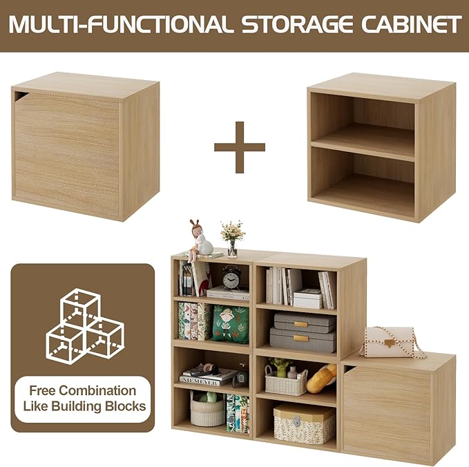 Storage Cube 2 Tires Natural Stackable Storage Shelf with Door, Cubby Organizer Wooden Display Shelf Closet Organizer,Modern Cubical Bookcase Small Storage Cabinet for Living Room Bedroom - LeafyLoom