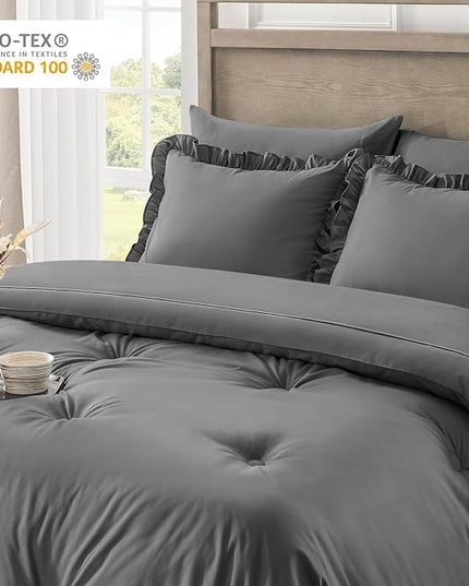 Queen Bed in a Bag 7 Pieces Comforter Set Queen, Ruffle Shabby Chic Bedding Comforter Set Dark Grey Bed Set with Comforter, Pillowcases, Flat Sheet, Fitted Sheet and Pillow Shams - LeafyLoom