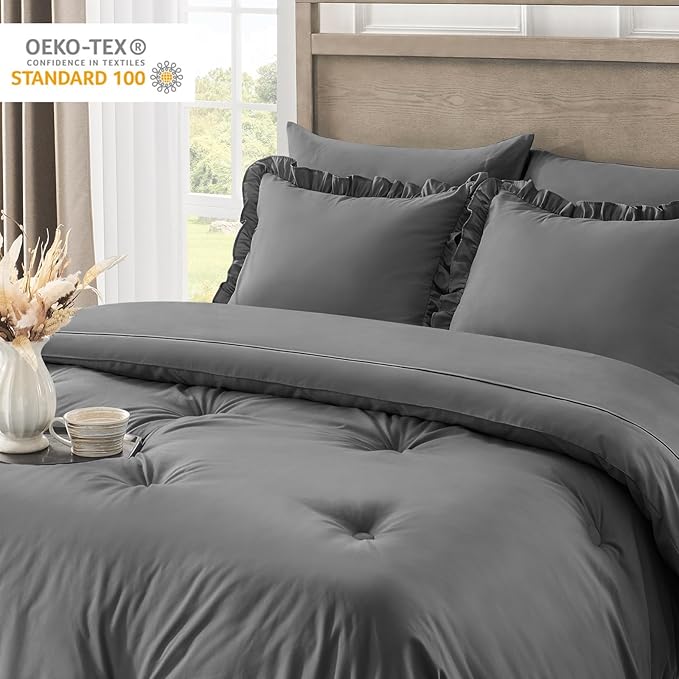 Full Bed in a Bag 7 Pieces Full Size Comforter Set, Ruffle Shabby Chic Bedding Comforter Set Dark Grey Bed Set with Comforter, Pillowcases, Flat Sheet, Fitted Sheet and Pillow Shams - LeafyLoom