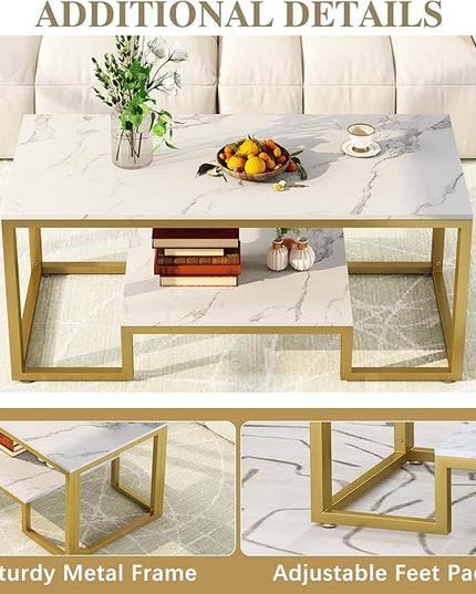 Coffee Table White Faux Marble Coffee Table for Living Room,2 Tiers Rectangle Center Table with Sturdy Metal Frame,Modern Marble Living RoomTable Accent Table for Bedroom Home Office - LeafyLoom