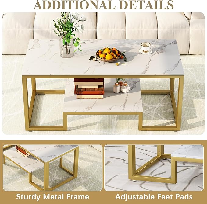 Coffee Table White Faux Marble Coffee Table for Living Room,2 Tiers Rectangle Center Table with Sturdy Metal Frame,Modern Marble Living RoomTable Accent Table for Bedroom Home Office - LeafyLoom