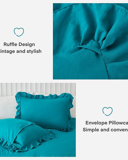 Andency Turquoise Comforter Set Twin Size, 2 Pieces Shabby Chic Ruffle Bed Comforter Set for Kids Boys Girls, All Season Soft Lightweight Solid Down Alternative Bedding Set - LeafyLoom