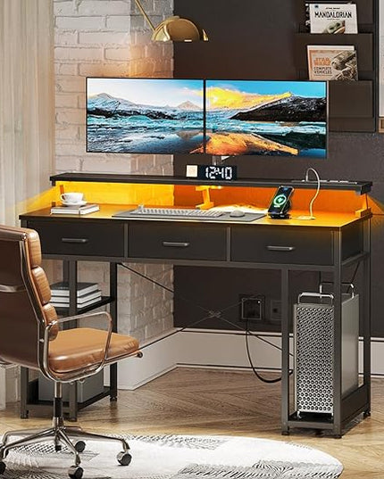 AODK 48 inch Computer Desk with 3 Drawers, Gaming Desk with LED Lights & Power Outlets, Home Office Desk with Storage Shelves & Monitor Stand, Modern Work Study Writing Table for Small Spaces, Black - LeafyLoom
