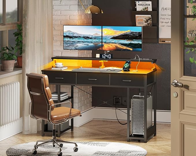 AODK 48 inch Computer Desk with 3 Drawers, Gaming Desk with LED Lights & Power Outlets, Home Office Desk with Storage Shelves & Monitor Stand, Modern Work Study Writing Table for Small Spaces, Black - LeafyLoom