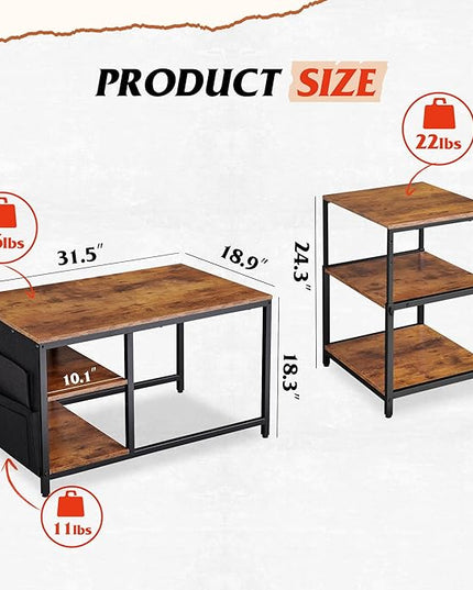 WLIVE Coffee Table for Living Room, Adjustable Coffee Table Set of 2 with End Table, Small Industrial Coffee Table with Side Table, Metal Frame and Wood Desktop, Rustic Brown - LeafyLoom