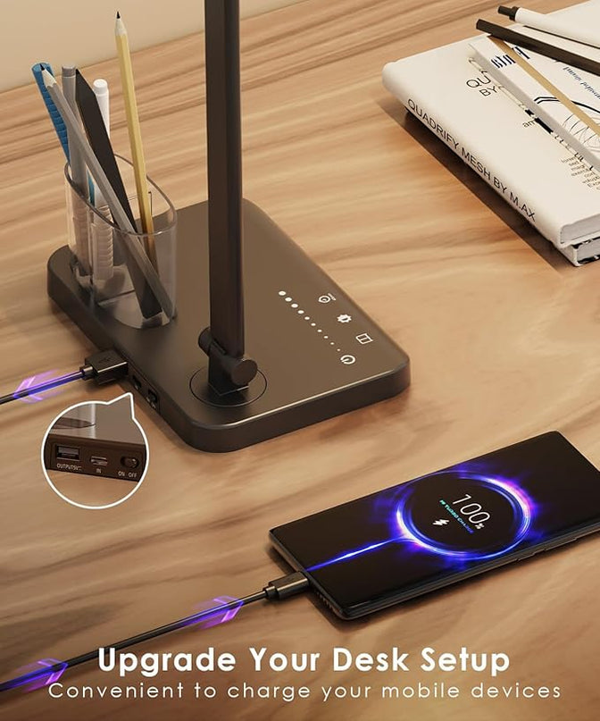 LED Desk Lamp with USB Charging Port, Eye-Caring Table Lamp, Touch Control Dimmable 5 Color Modes, 45 Min Auto-Off Timer, Foldable Study Desk Light for Home Office College Dorm & Reading - LeafyLoom