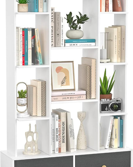 Unikito Bookshelf with 2 Drawers Free Standing Bookcase, Office Storage Shelf Organizer with 12 Open Bookshelves, Industrial Wood Book Case Display Rack for Bedroom, Living Room, Home Office, White - LeafyLoom