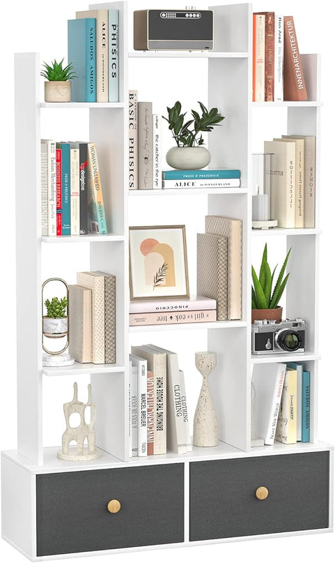 Unikito Bookshelf with 2 Drawers Free Standing Bookcase, Office Storage Shelf Organizer with 12 Open Bookshelves, Industrial Wood Book Case Display Rack for Bedroom, Living Room, Home Office, White - LeafyLoom