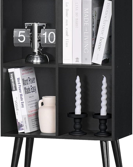 YAHARBO 4 Cube Black Bookshelf, Small Black Narrow Book shelf, 3 Tier Modern Bookcase with Legs,Bookshelves Wood Storage Shelf, Rustic Book Shelves Cube Organizer, Display Bookcase - LeafyLoom