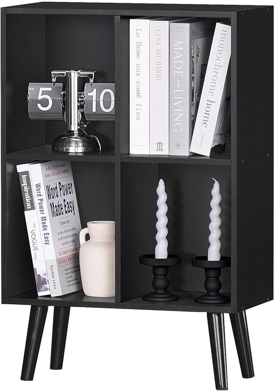 YAHARBO 4 Cube Black Bookshelf, Small Black Narrow Book shelf, 3 Tier Modern Bookcase with Legs,Bookshelves Wood Storage Shelf, Rustic Book Shelves Cube Organizer, Display Bookcase - LeafyLoom