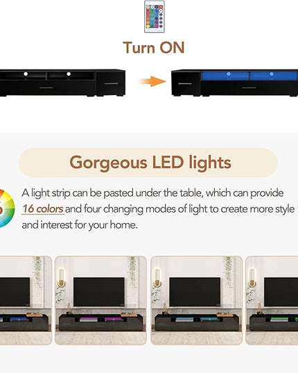 Merax Minimalist Style Extended LED TV Stand with Color Changing Lights, Modern Universal Entertainment Center High Gloss Cabinet for 90+ inch Televisions, 82.6 inch Length, Black - LeafyLoom