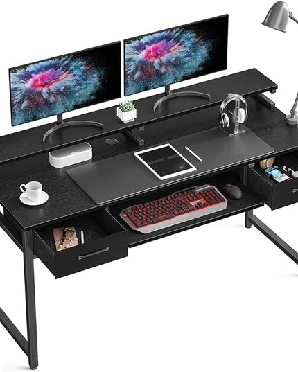 ODK Computer Desk Study Table, 55 Inch Office Desk with Drawers and Keyboard Tray, Study Desk Work Desk with Monitor Shelf, Writing Desk with Storage for Home Office, Black - LeafyLoom