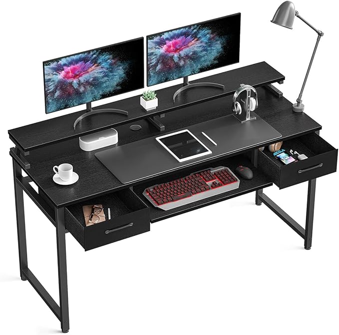 ODK Computer Desk Study Table, 55 Inch Office Desk with Drawers and Keyboard Tray, Study Desk Work Desk with Monitor Shelf, Writing Desk with Storage for Home Office, Black - LeafyLoom