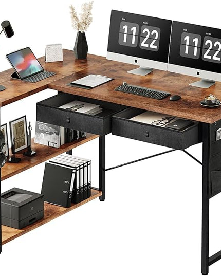 Ｍａｉｈａｉｌ Maihail Home Office Desk with Drawers Shelves, 39” Computer Corner Desk, Small Space, Small L Shaped Desk with Side Storage for Bedroom, Rustic Brown - LeafyLoom