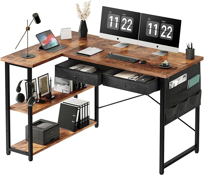 Ｍａｉｈａｉｌ Maihail Home Office Desk with Drawers Shelves, 39” Computer Corner Desk, Small Space, Small L Shaped Desk with Side Storage for Bedroom, Rustic Brown - LeafyLoom