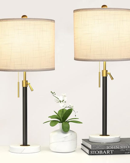 Black and Gold Table Lamps Set of 2: 22" to 30" Height Adjustable Nightstand Lamps with White Linen Shade | Pull Chain Switch | Marble Base - 3 Way Dimmable Beside Lamp for Bedrooms Living Room - LeafyLoom