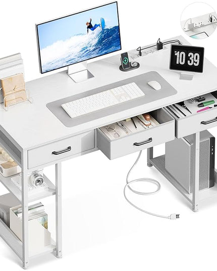 AODK 48 Inch Computer Desk with Fabric Drawers & Power Outlets, Office Desk with Storage Shelves & CPU Stand, Writing Study Table, Small Desk for Bedroom, White - LeafyLoom