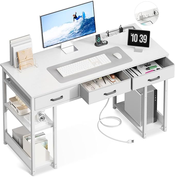 AODK 48 Inch Computer Desk with Fabric Drawers & Power Outlets, Office Desk with Storage Shelves & CPU Stand, Writing Study Table, Small Desk for Bedroom, White - LeafyLoom
