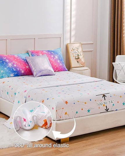 A Nice Night 6Pcs Gradient Glitter Bedding Set for Girls, Colorful Rainbow Galaxy Comforter Set, Ultra Soft Bedding Sets (Pink-Blue,Twin 6Pcs) - LeafyLoom