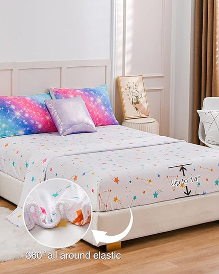 A Nice Night 6Pcs Gradient Glitter Bedding Set for Girls, Colorful Rainbow Galaxy Comforter Set, Ultra Soft Bedding Sets (Pink-Blue,Full 6Pcs) - LeafyLoom